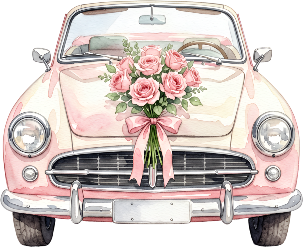 Delightful pink convertible wedding car, front view with a beautiful rose bouquet, lovely watercolor PNG
