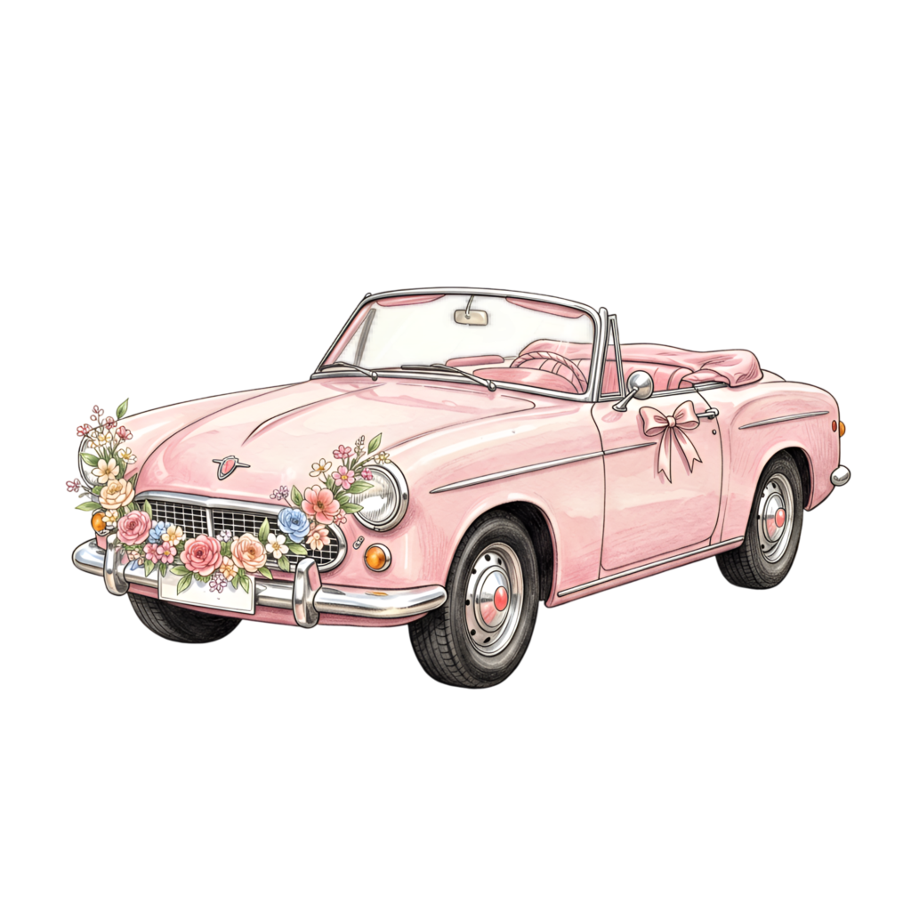 Adorable pink convertible wedding car, side view adorned with colorful flowers, charming romantic PNG