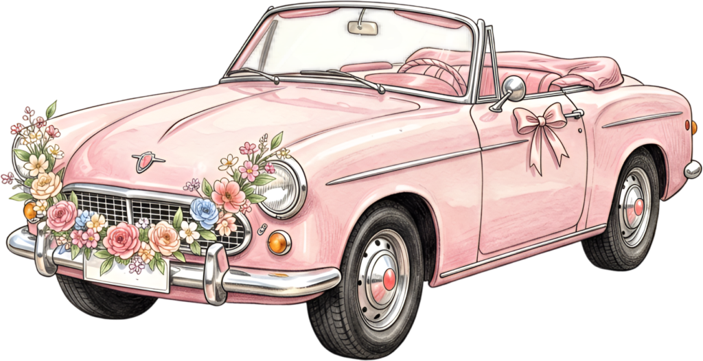 Adorable pink convertible wedding car, side view adorned with colorful flowers, charming romantic PNG