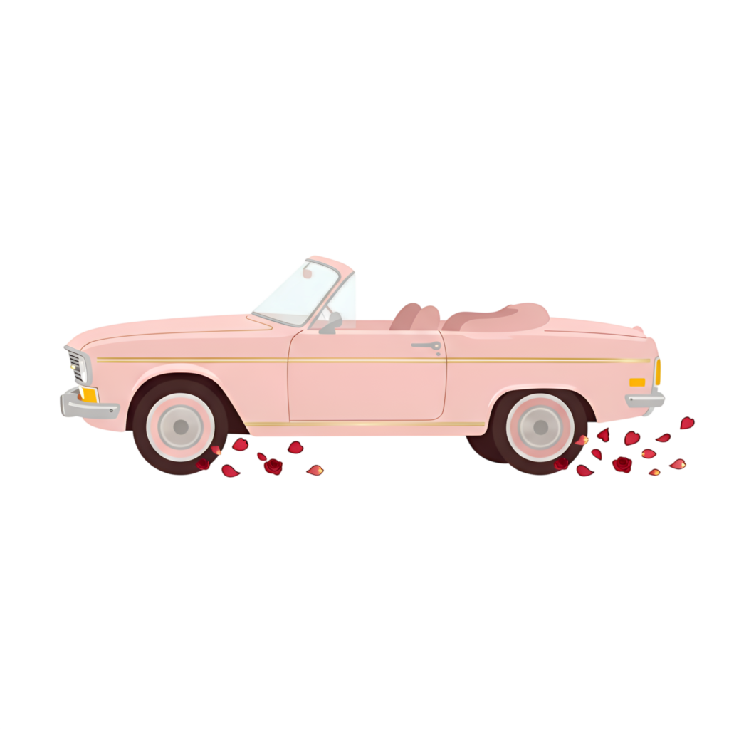Modern wedding car clipart, a sleek pink convertible leaving a trail of rose petals, elegant PNG graphic
