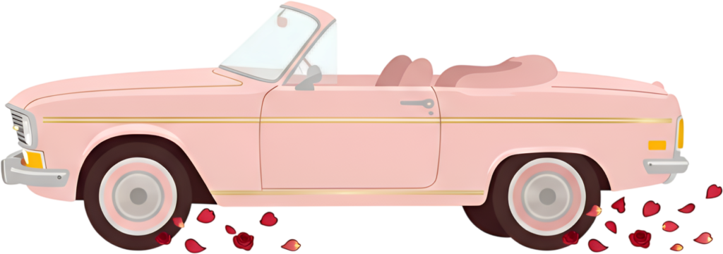 Modern wedding car clipart, a sleek pink convertible leaving a trail of rose petals, elegant PNG graphic