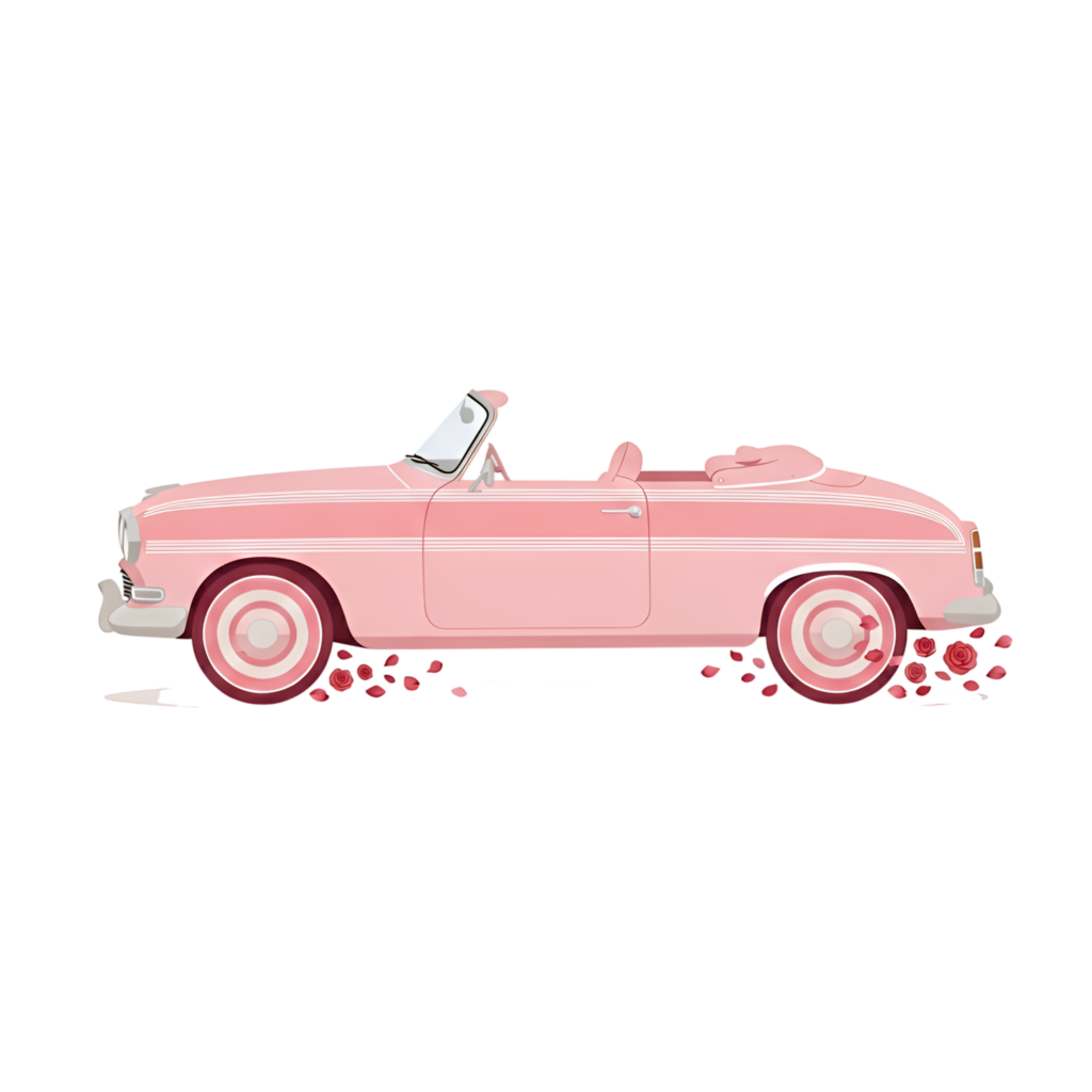 Stylish wedding car illustration, featuring a pink vintage convertible scattering rose petals, lovely PNG asset