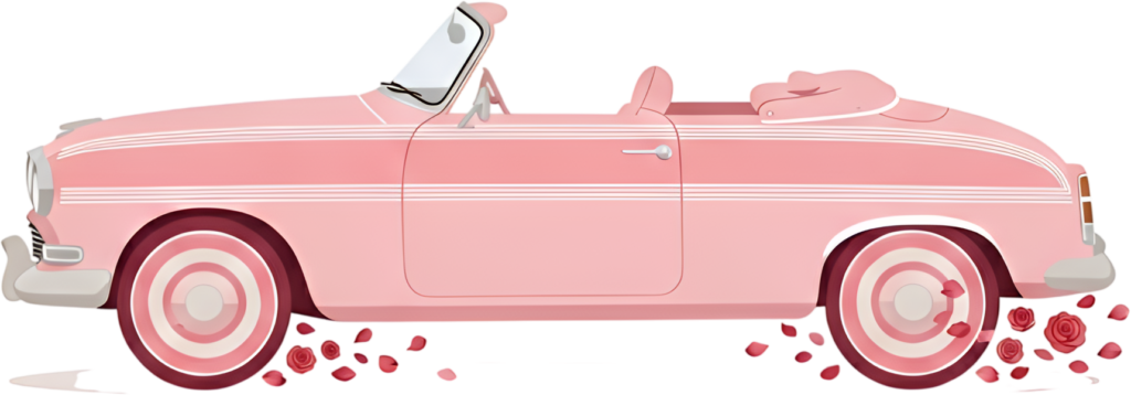 Stylish wedding car illustration, featuring a pink vintage convertible scattering rose petals, lovely PNG asset