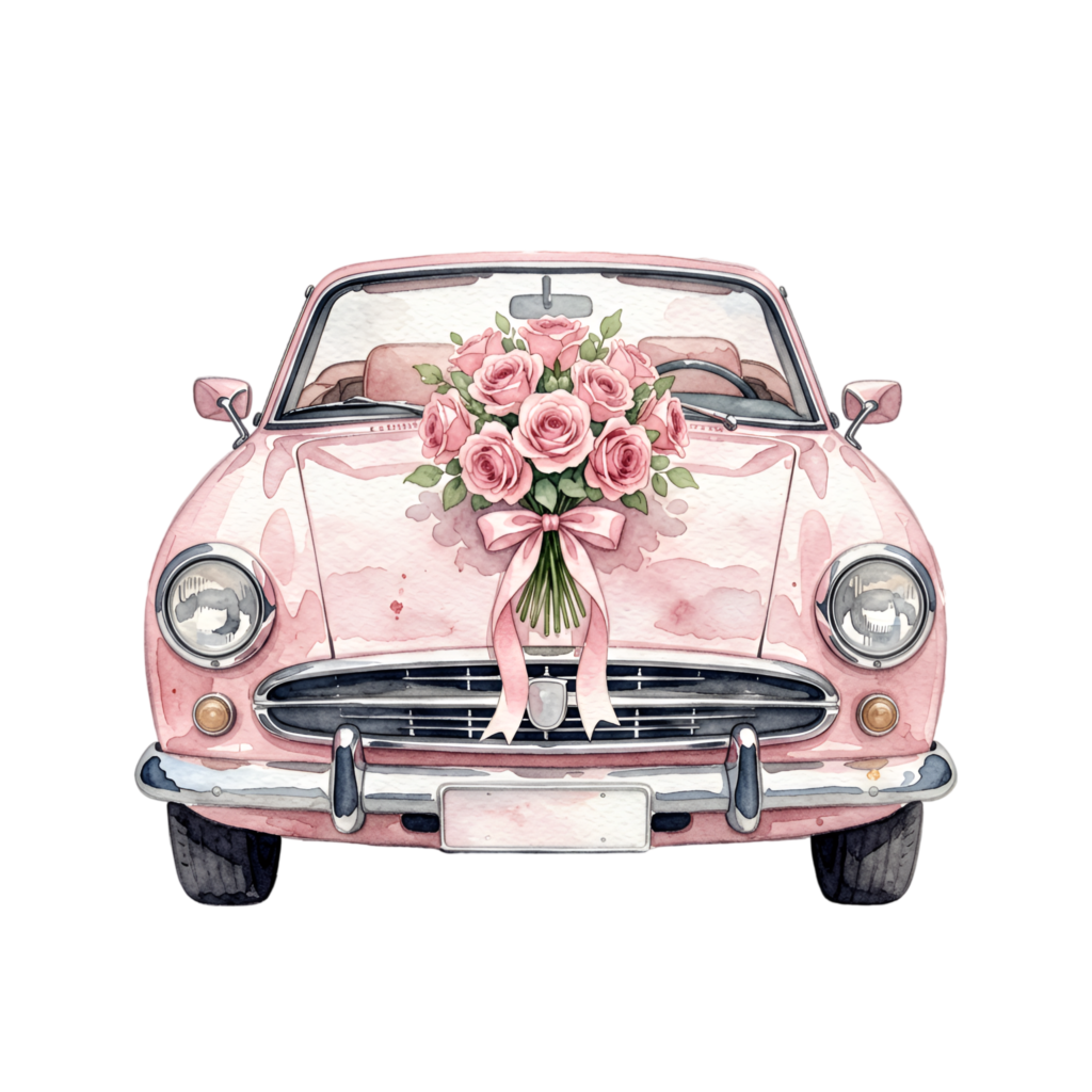Elegant wedding car illustration, a front view pink convertible with a grand rose bouquet, beautiful PNG file