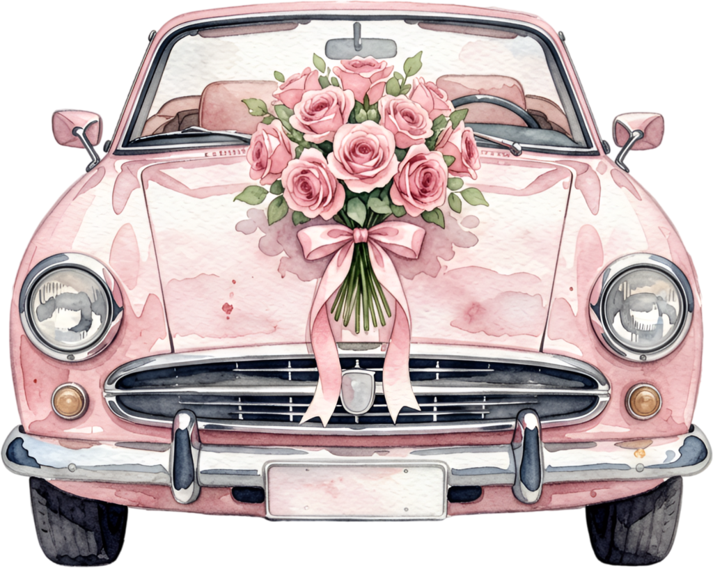 Elegant wedding car illustration, a front view pink convertible with a grand rose bouquet, beautiful PNG file