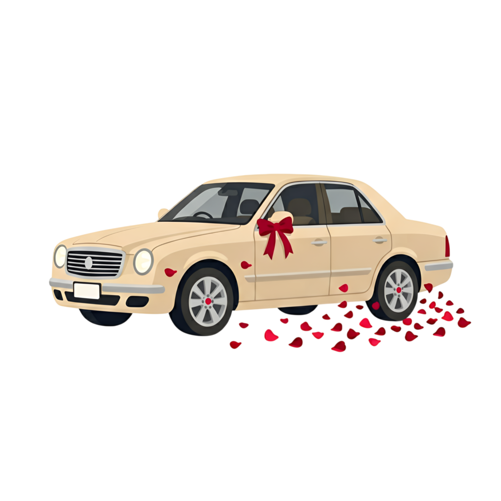 Contemporary wedding car clipart, sleek beige sedan with a festive red bow, leaving rose petals, great PNG