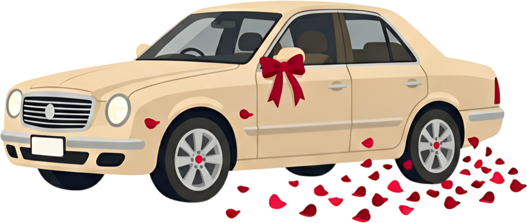 Contemporary wedding car clipart, sleek beige sedan with a festive red bow, leaving rose petals, great PNG
