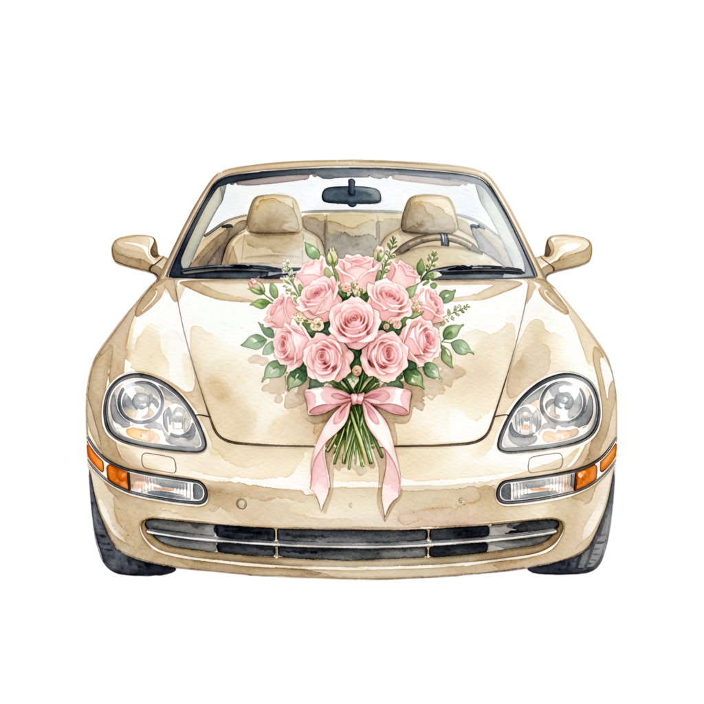 Luxurious gold convertible wedding car, front view adorned with a romantic pink rose bouquet, premium PNG
