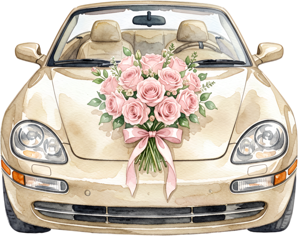 Luxurious gold convertible wedding car, front view adorned with a romantic pink rose bouquet, premium PNG