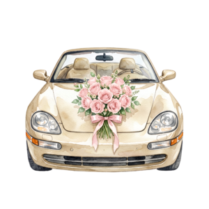 - Delicate pink wedding car illustration, side view with charming floral decorations, perfect romantic PNG Free PNG Download