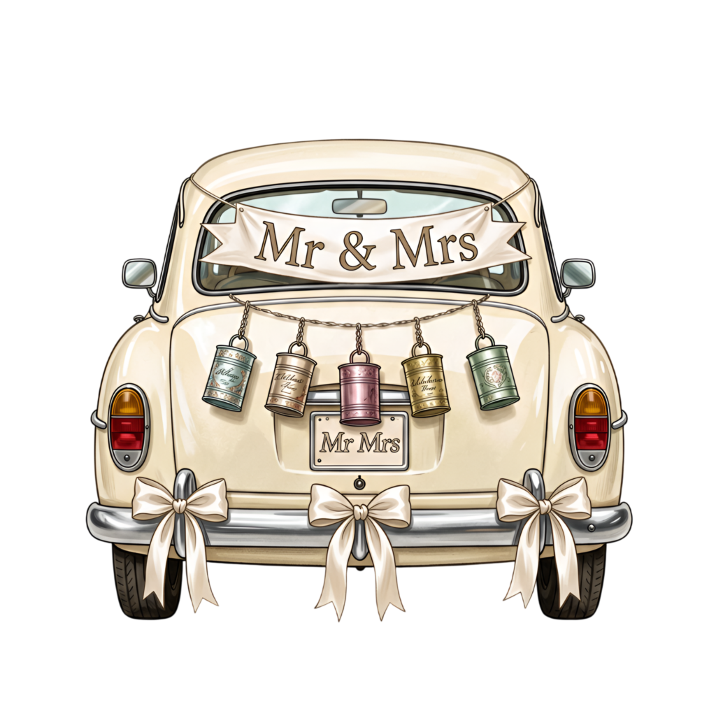 Adorned wedding car illustration, rear view featuring “Mr & Mrs” banner and cans, festive PNG graphic