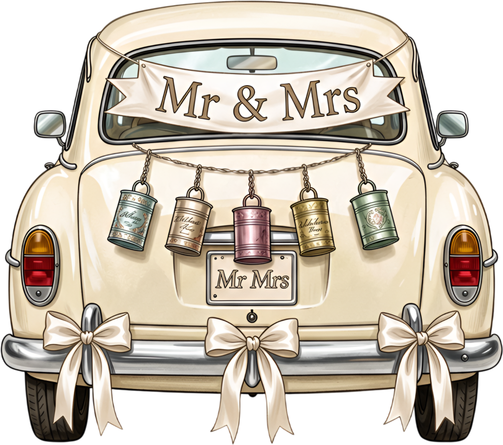 Adorned wedding car illustration, rear view featuring “Mr & Mrs” banner and cans, festive PNG graphic