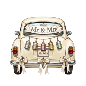 - Delicate pink wedding car illustration, side view with charming floral decorations, perfect romantic PNG Free PNG Download