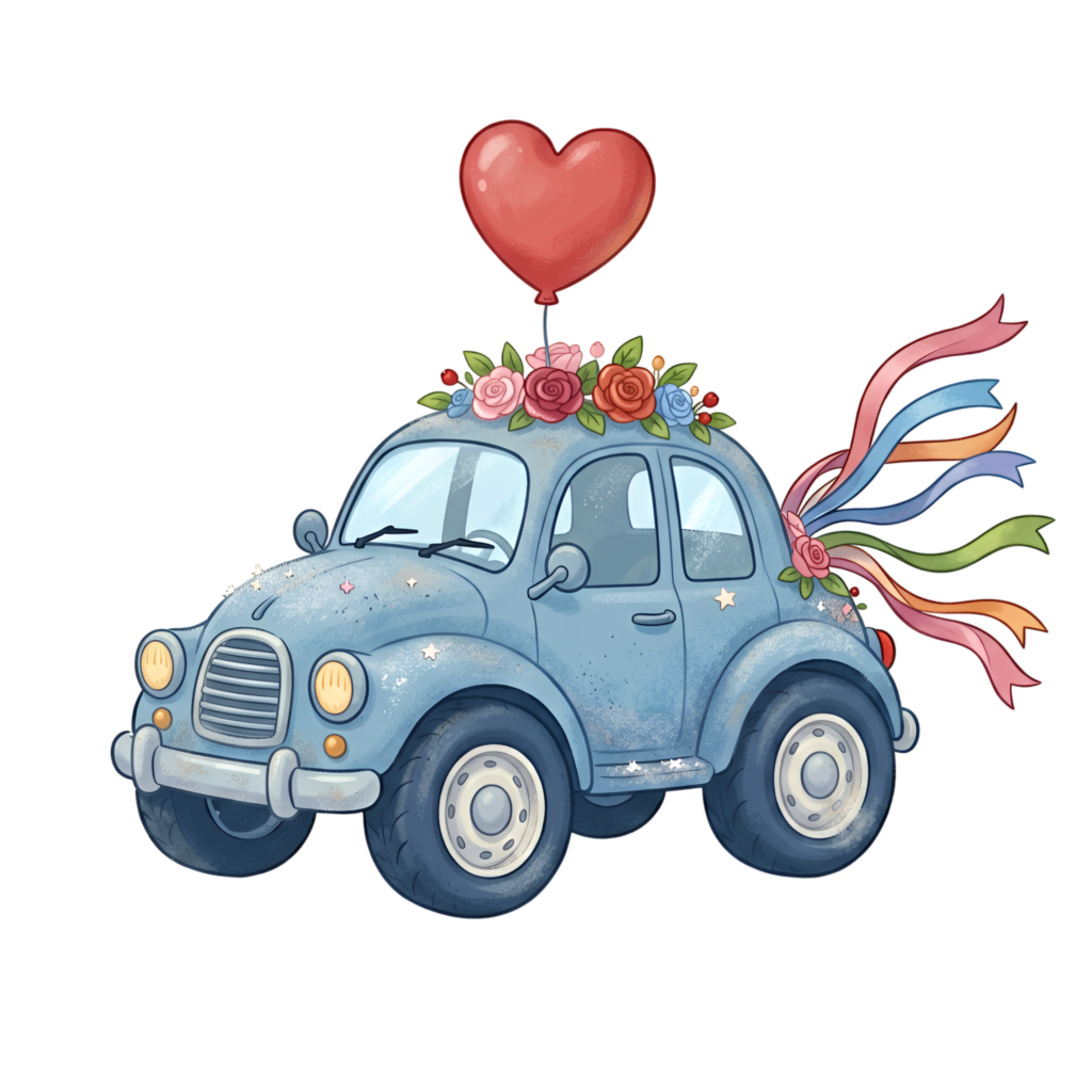 Whimsical wedding car clipart, cute blue cartoon vehicle with a heart balloon and ribbons, playful PNG