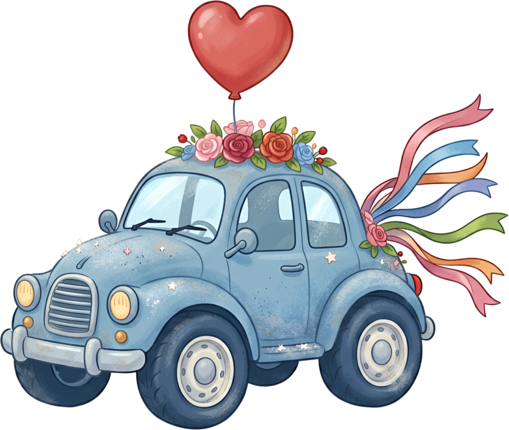 Whimsical wedding car clipart, cute blue cartoon vehicle with a heart balloon and ribbons, playful PNG