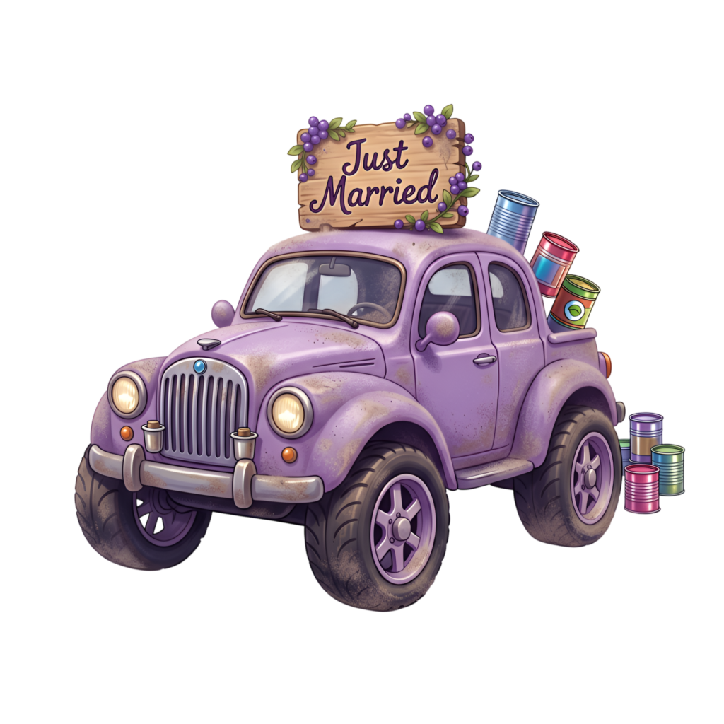 Rustic wedding car illustration, a charming purple truck with “Just Married” sign and cans, unique PNG