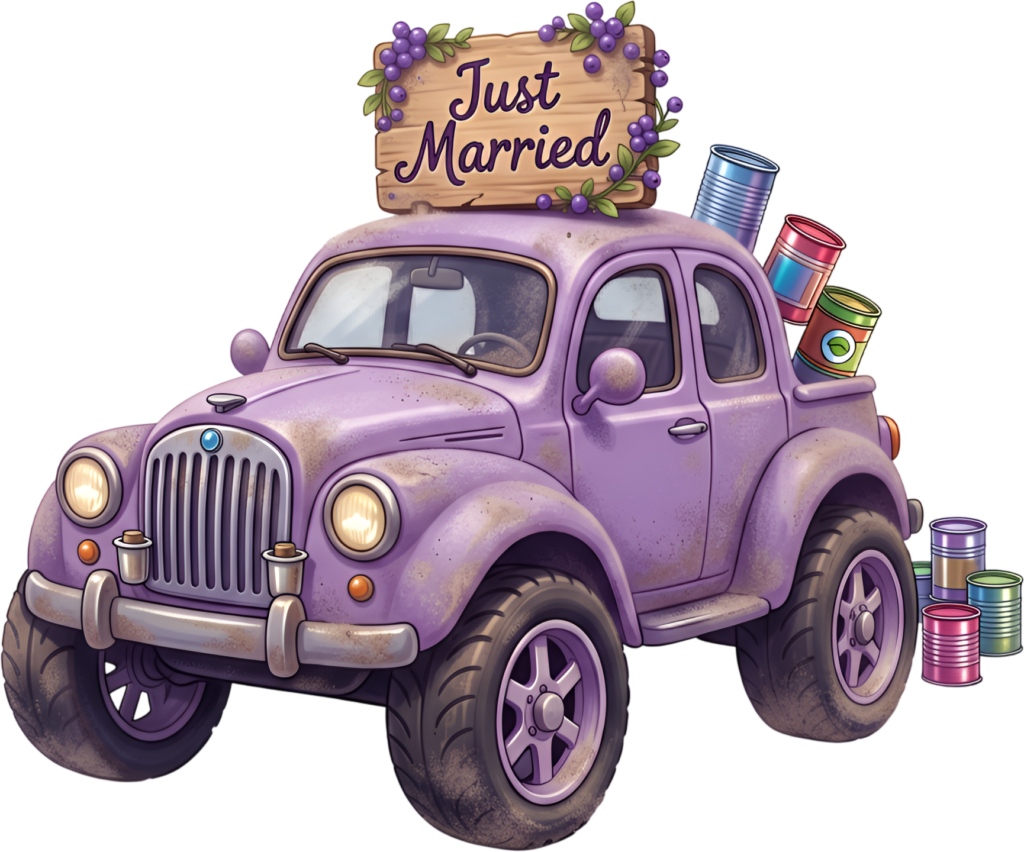 Rustic wedding car illustration, a charming purple truck with “Just Married” sign and cans, unique PNG