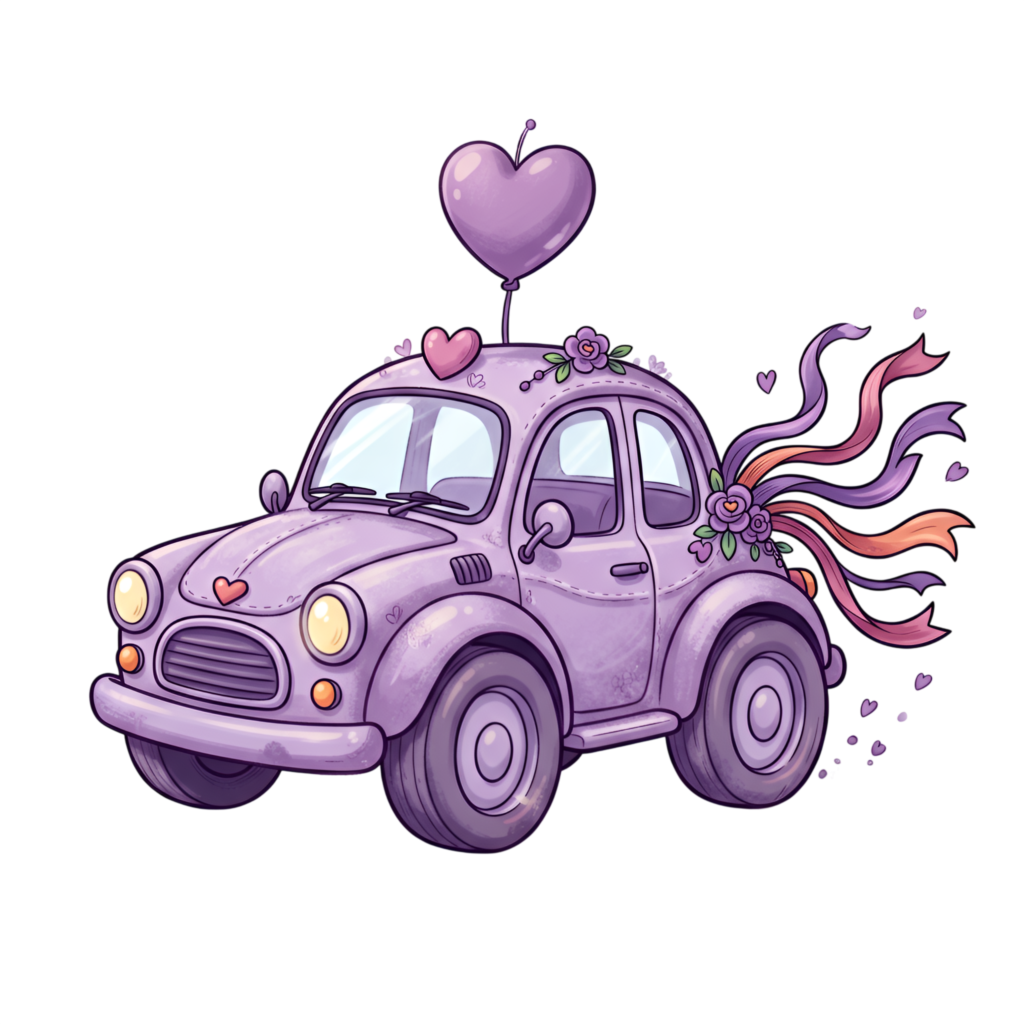 Playful wedding car clipart, featuring a purple cartoon vehicle with a heart balloon and ribbons, sweet PNG