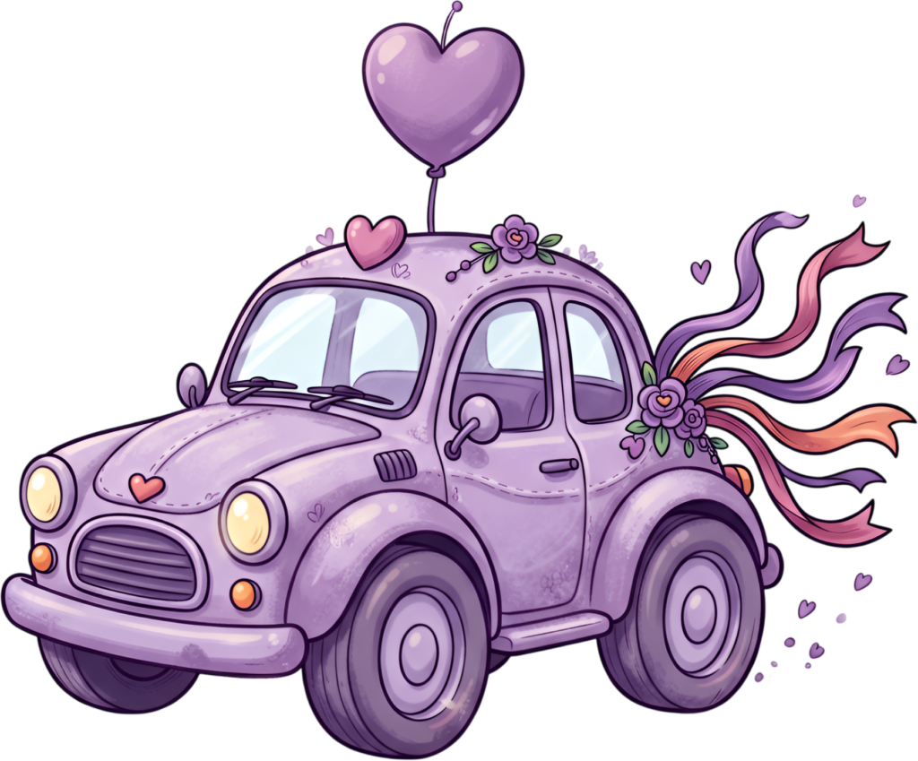 Playful wedding car clipart, featuring a purple cartoon vehicle with a heart balloon and ribbons, sweet PNG
