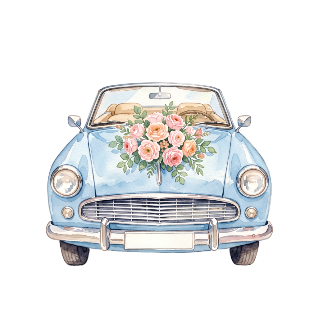 Serene wedding car illustration, a lovely blue convertible front view with a vibrant rose bouquet, watercolor PNG