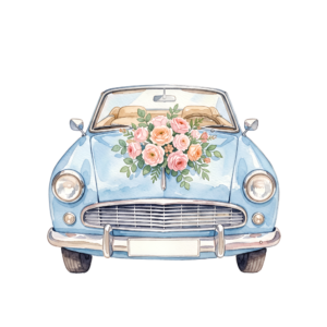 - Delicate pink wedding car illustration, side view with charming floral decorations, perfect romantic PNG Free PNG Download