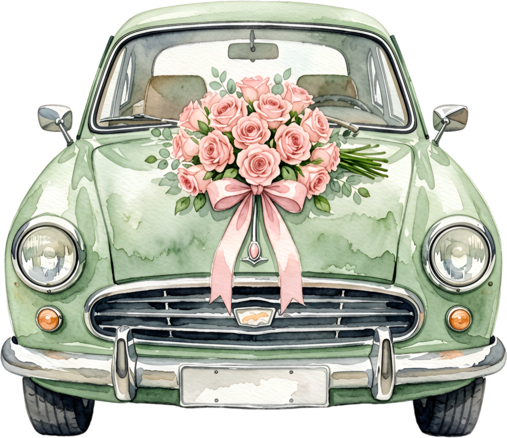 Charming green wedding car, front view adorned with a beautiful pink rose bouquet, elegant watercolor PNG