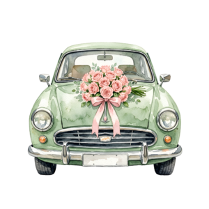 - Delicate pink wedding car illustration, side view with charming floral decorations, perfect romantic PNG Free PNG Download