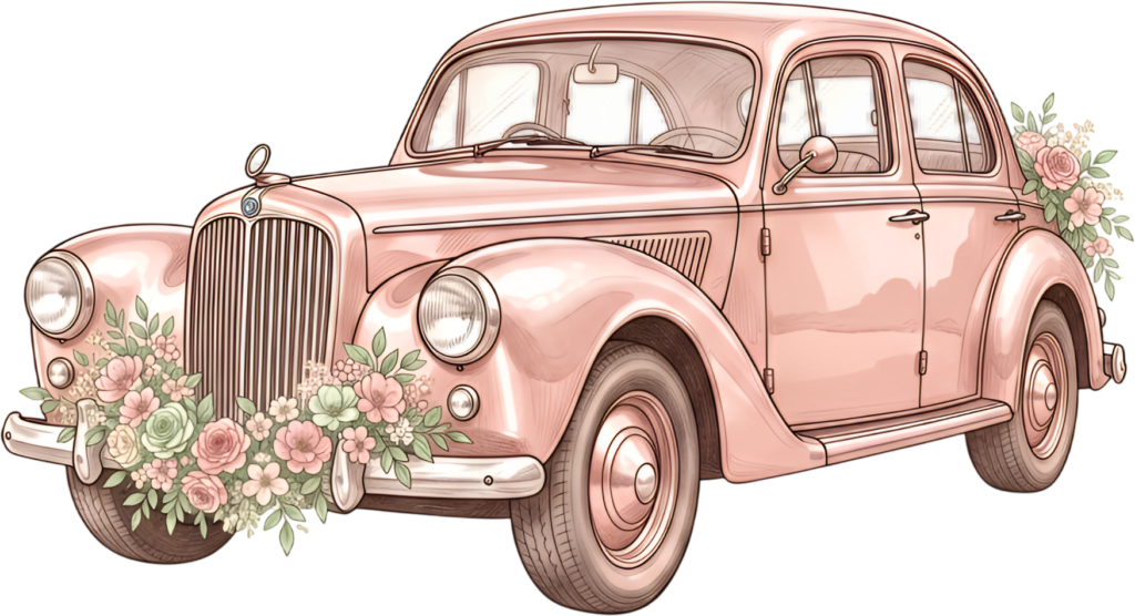 Delicate pink wedding car illustration, side view with charming floral decorations, perfect romantic PNG