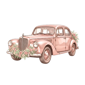 - Festive wedding car clipart, rear view displaying "Mr & Mrs" banner and cans, cheerful celebration PNG Free PNG Download
