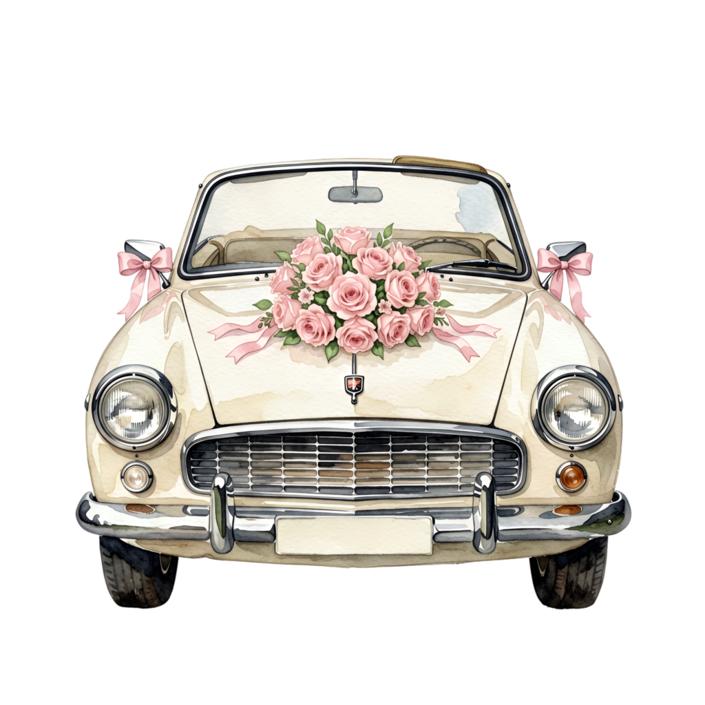 Elegant wedding car illustration, front view beige convertible with a beautiful rose bouquet, lovely PNG