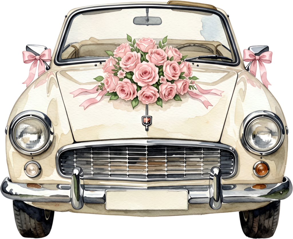 Elegant wedding car illustration, front view beige convertible with a beautiful rose bouquet, lovely PNG