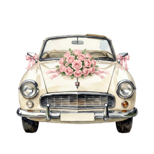 - Delicate pink wedding car illustration, side view with charming floral decorations, perfect romantic PNG Free PNG Download