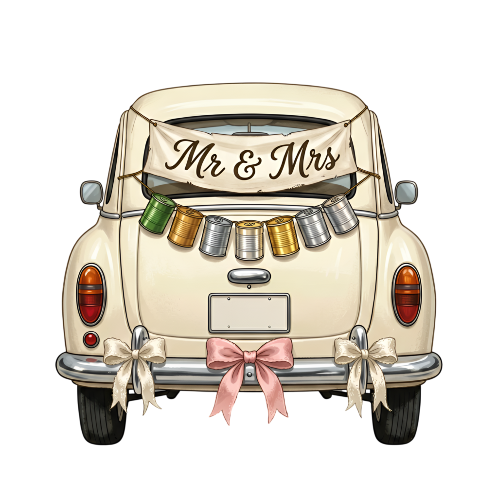 Festive wedding car clipart, rear view displaying “Mr & Mrs” banner and cans, cheerful celebration PNG
