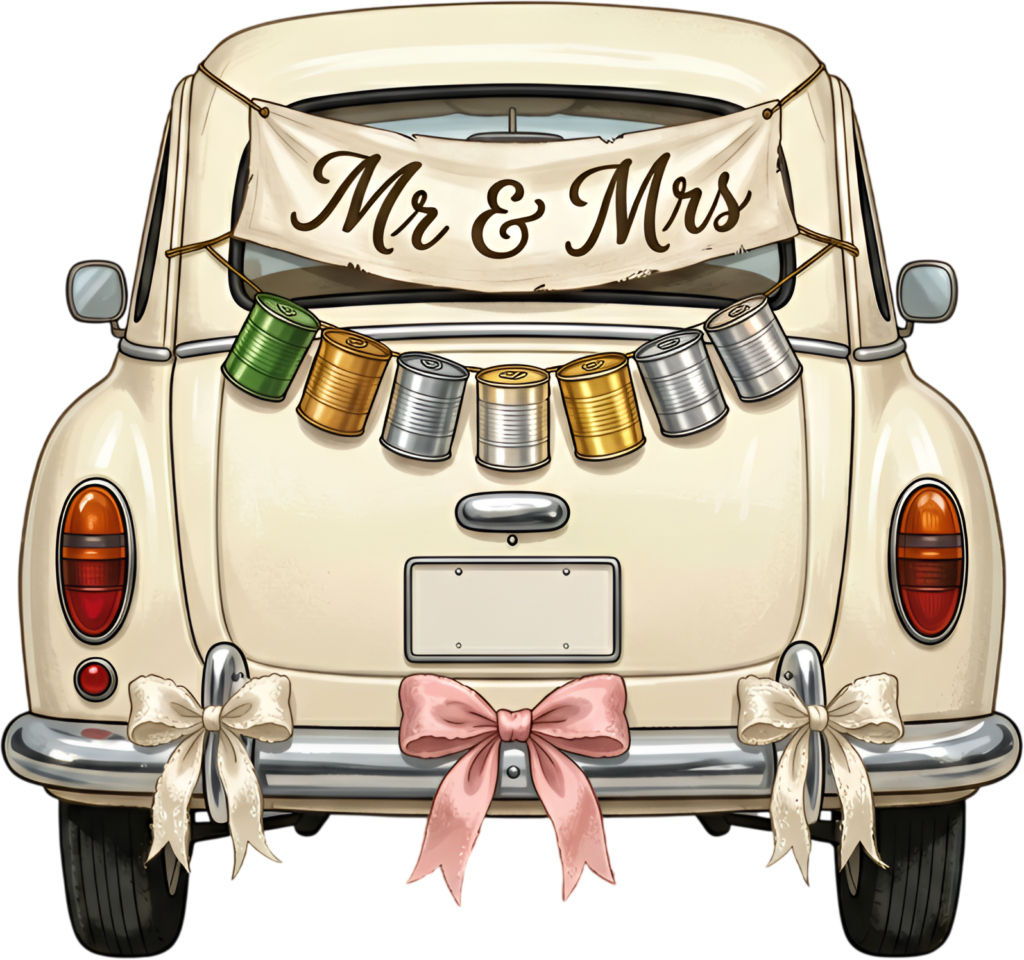 Festive wedding car clipart, rear view displaying “Mr & Mrs” banner and cans, cheerful celebration PNG