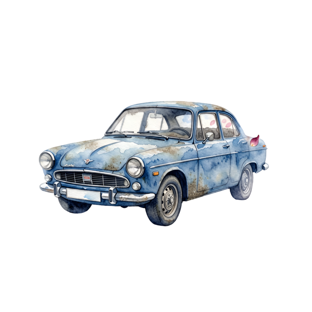 Unique wedding car illustration, a weathered blue vintage sedan with subtle floral details, artistic PNG