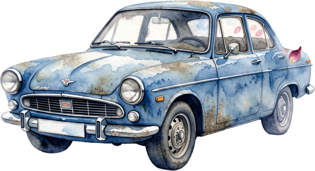 Unique wedding car illustration, a weathered blue vintage sedan with subtle floral details, artistic PNG