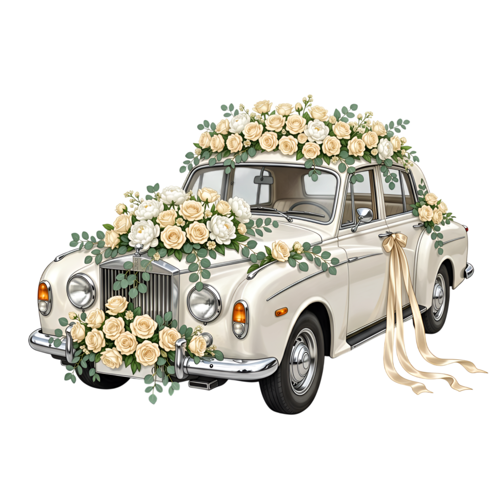 Grand wedding car illustration, white luxury sedan adorned with bountiful cream roses and eucalyptus, deluxe PNG