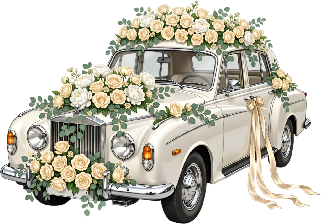 Grand wedding car illustration, white luxury sedan adorned with bountiful cream roses and eucalyptus, deluxe PNG