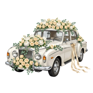 - Delicate pink wedding car illustration, side view with charming floral decorations, perfect romantic PNG Free PNG Download