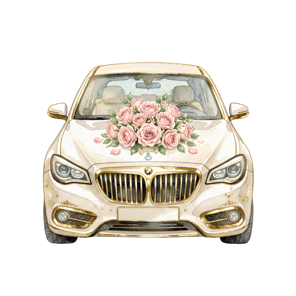 Elegant wedding car illustration, a front view gold luxury sedan with a pink rose bouquet, lavish PNG design