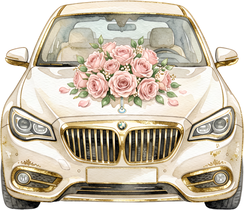 Elegant wedding car illustration, a front view gold luxury sedan with a pink rose bouquet, lavish PNG design