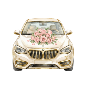 - Delicate pink wedding car illustration, side view with charming floral decorations, perfect romantic PNG Free PNG Download