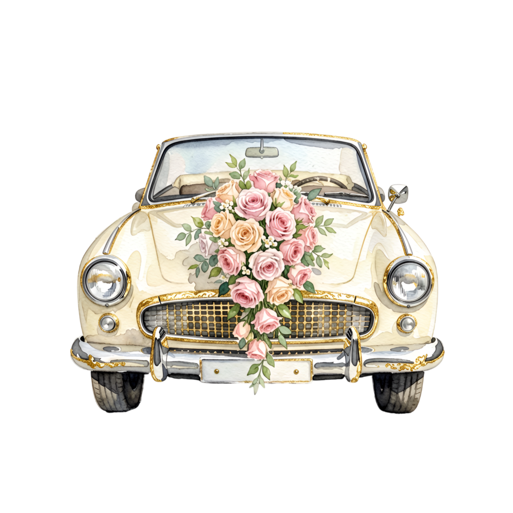 Exquisite wedding car clipart, a front view gold vintage convertible with a cascading rose bouquet, artistic PNG