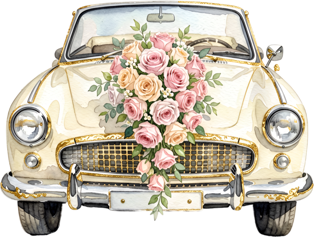 Exquisite wedding car clipart, a front view gold vintage convertible with a cascading rose bouquet, artistic PNG