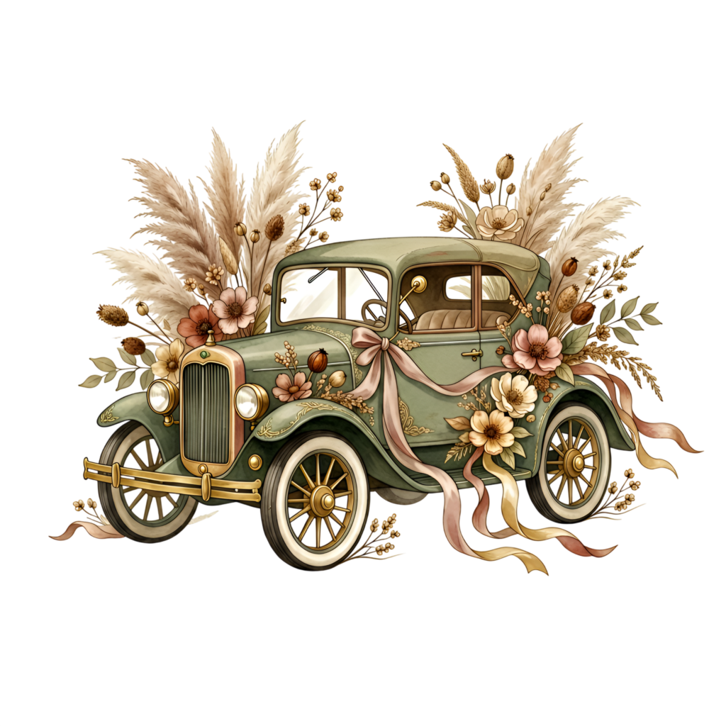 Boho wedding car illustration, sage green vintage sedan adorned with pampas grass and dry florals, trendy PNG