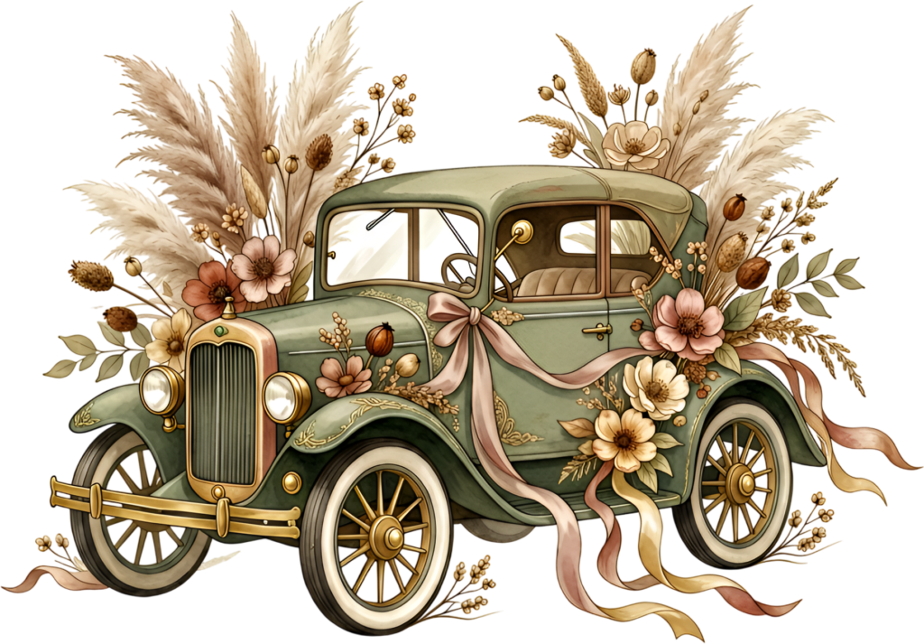 Boho wedding car illustration, sage green vintage sedan adorned with pampas grass and dry florals, trendy PNG