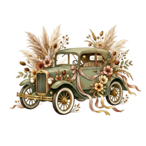 - Delicate pink wedding car illustration, side view with charming floral decorations, perfect romantic PNG Free PNG Download