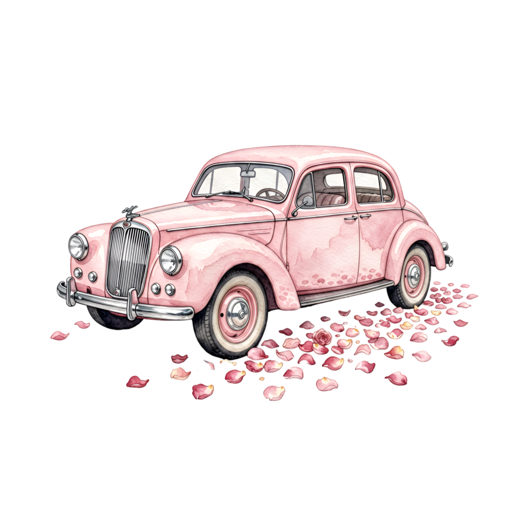 Romantic wedding car illustration, pink vintage sedan surrounded by delicate rose petals, charming watercolor PNG