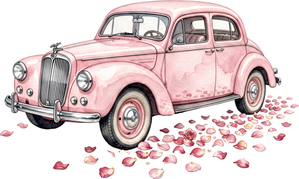 Romantic wedding car illustration, pink vintage sedan surrounded by delicate rose petals, charming watercolor PNG