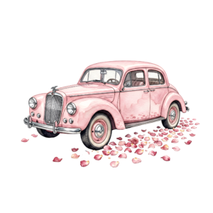 - Delicate pink wedding car illustration, side view with charming floral decorations, perfect romantic PNG Free PNG Download